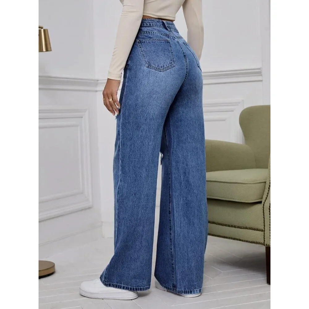 Women's High Waist Ripped Wide Leg Jeans Distressed Denim Pants